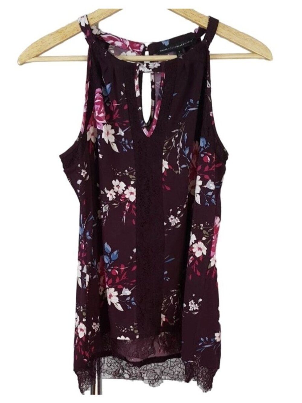 White House Black Market Women Sleeveless Top Purple Small Lace Keyhole Floral